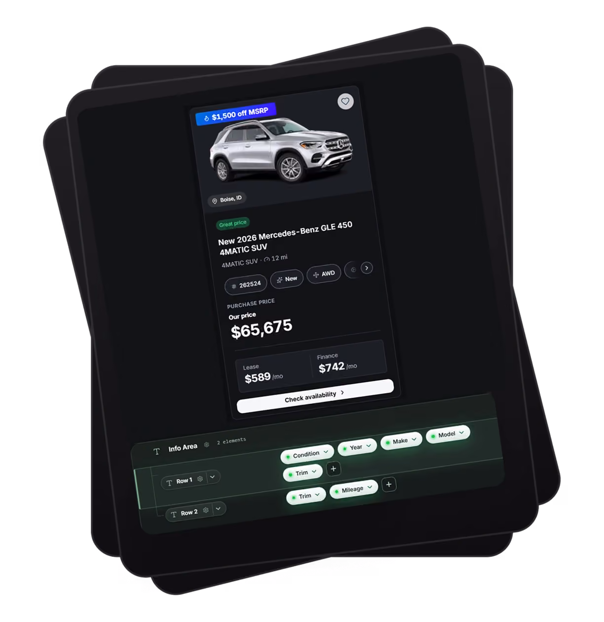 DealerTower SRP customizer showing vehicle search results with customizable cards and merchandising options