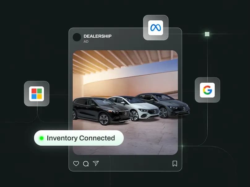 A social advertising creative connected to Meta with a product image and campaign status badge